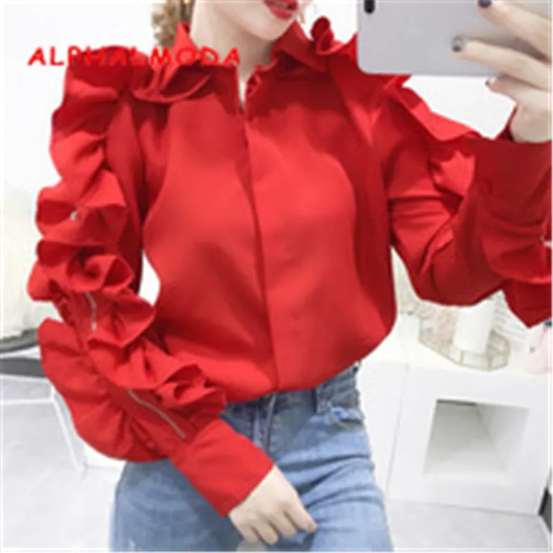 En Ligne ALPHALMDOA Femmes De Mode À Volants Chemises Élégant Zipper Volants Manches Turn down Collar Dames Automne De Mode à manches longues Blouse