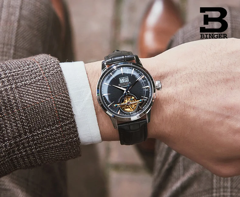 Оригинальные Роскошные Брендовые мужские часы Бингер с кожаным ремешком, автоматические механические самоходные деловые часы с календарем, водонепроницаемые