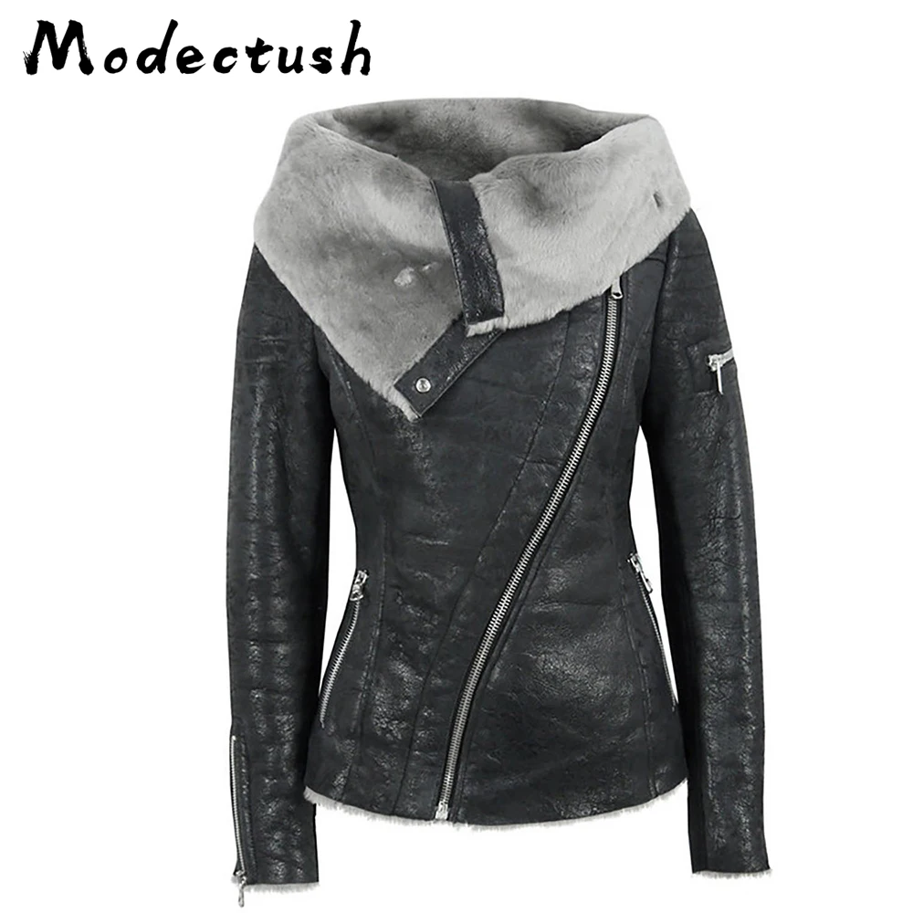 

Modecrush Woman Winter Faux Fur Collar Leather Coats Jackets Outerwear Female 2019 New Fashion Clothes Black Zipper PU Leather