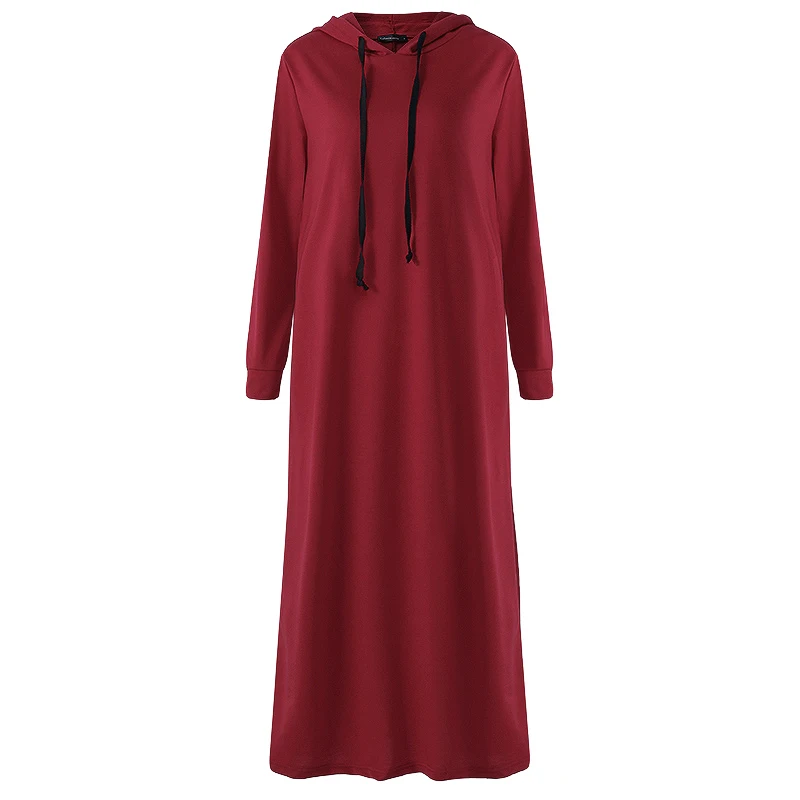 Винтажное платье с капюшоном, женское длинное платье макси, Повседневное платье с длинным рукавом размера плюс, пуловеры, свитшоты для женщин, vestidos robe - Цвет: Wine Red