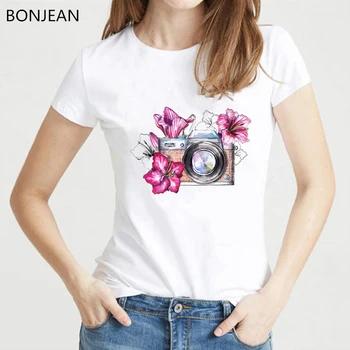 Camiseta para mujer impresa con cámara de flor de moda, Tops de verano, camiseta harajuku para mujer, camiseta bonita para chica, estilo coreano para mujer