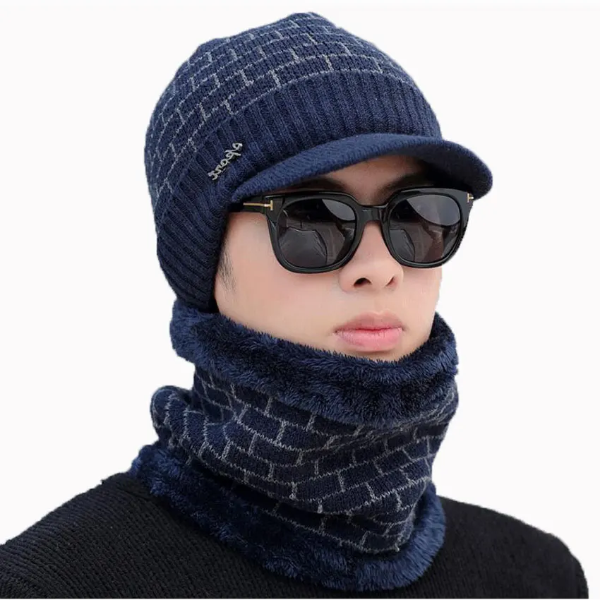 Winter Hat And Scarf Set For Women Men Scarves Cap With Brim Knitted