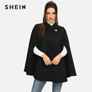 SHEIN Black Highstreet Solid Single Button Cloak Sleeve Oversized Cape Coat Winter Elegant Workwear Women Coat and Outerwear