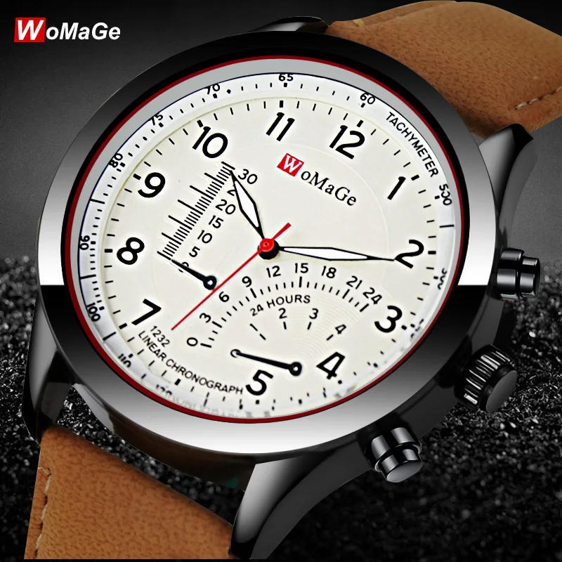 

Newest Womage Watch Men's Quartz hot sale watches PU Leather Casual Sports Military Masculion Fashion Relojes male wristwatch