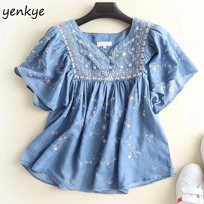 Vente Femmes Vintage Bleu Tencel Denim Chemise Dame V Cou À Manches Courtes Broderie Ethnique D été Chemisier Occasionnel Plus La Taille