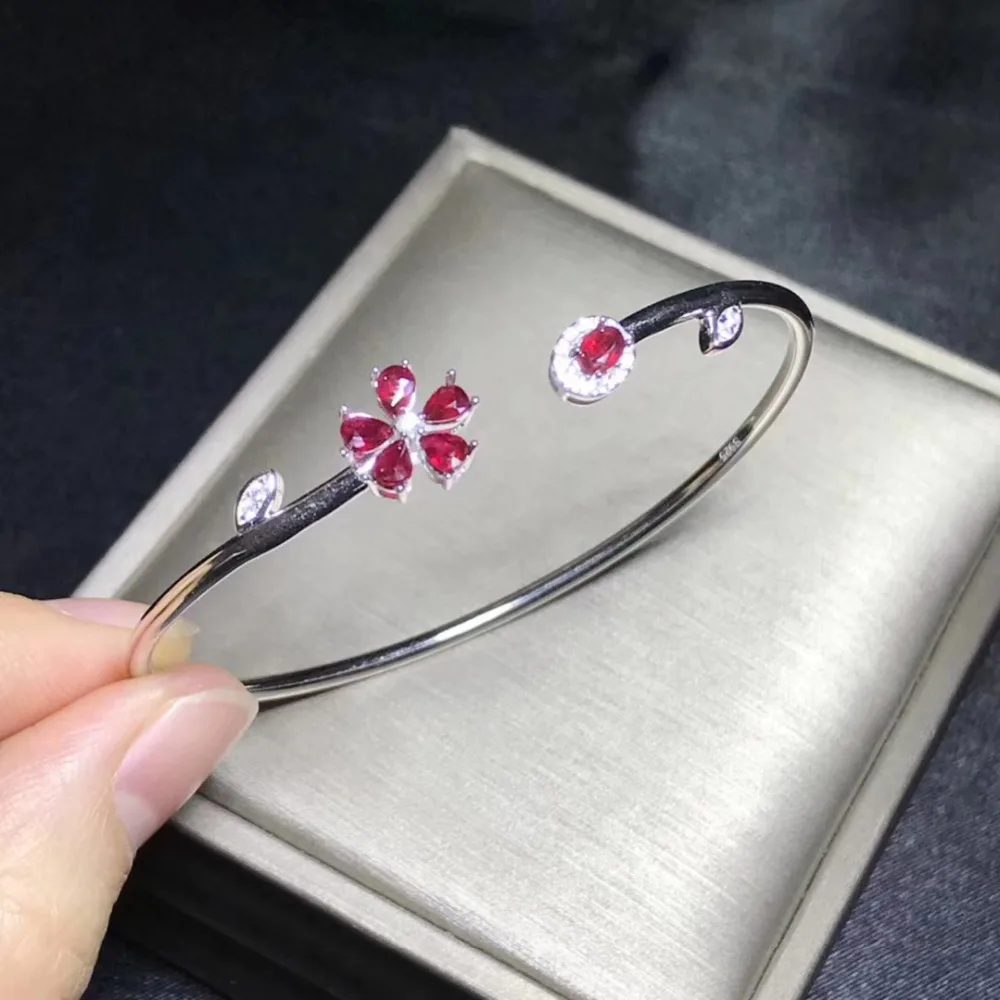  Naturel rouge rubis gemme bracelets naturel rouge pierre gemme Bracelet S925 argent ouverture fleur