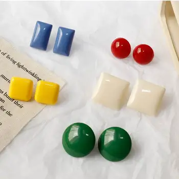 

MENGJIQIAO 2019 Japanese Korean New Trendy Candy Color Round Square Big Stud Earrings For Women Statement Geometric Oorbellen