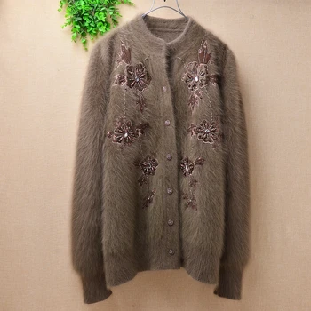 

female women vintage exquisite hand knit real angora rabbit fur beading cardigan loose long sleeves mink sweater coat winter