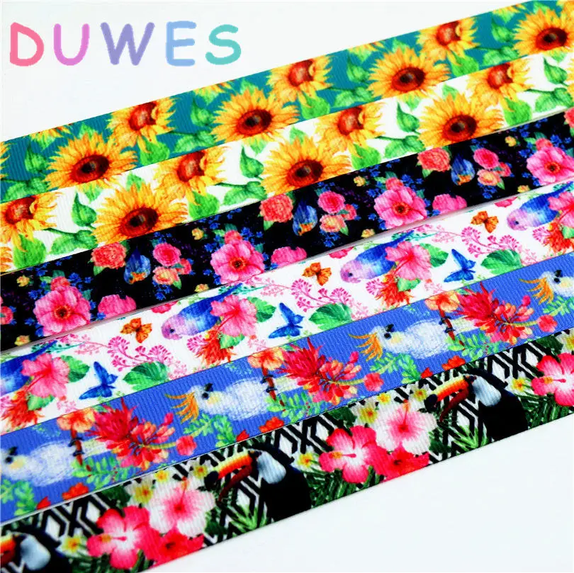

DUWES 7/8'' Free shipping flowers bird sunflowers printed grosgrain ribbon Accessory hairbow headwear DIY decoration 22mm D741