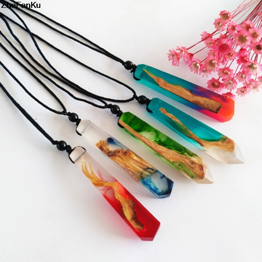 

Handmade Ink Painting Resin Wood Pendant Necklace Women Men Long Rope Sweater Chain Necklace Wooden Necklace Pendants Jewelry