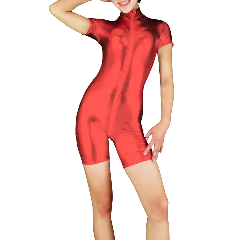 Front Crotch Zipper shiny Metallic Spandex Unitard Costumes Short Sleeve Biketard Unitard Costume Short (2)