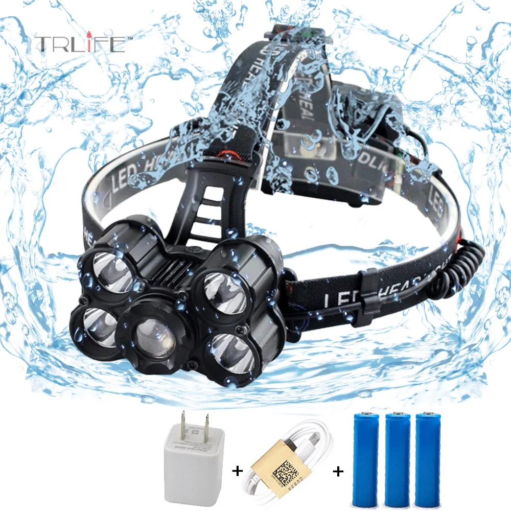 

20000 Lumens 5*Super-T6 LED Headlight Zoomable USB Rechargeable head light Outdoor lamp Power by 3*18650 battery