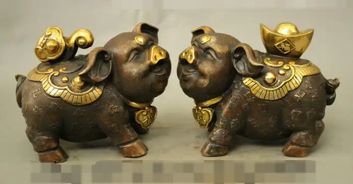 

S01700 9" FengShui Chinese Culture Bronze Gilt Wealth RuYi Year Zodiac Pig Statue Pair B0403