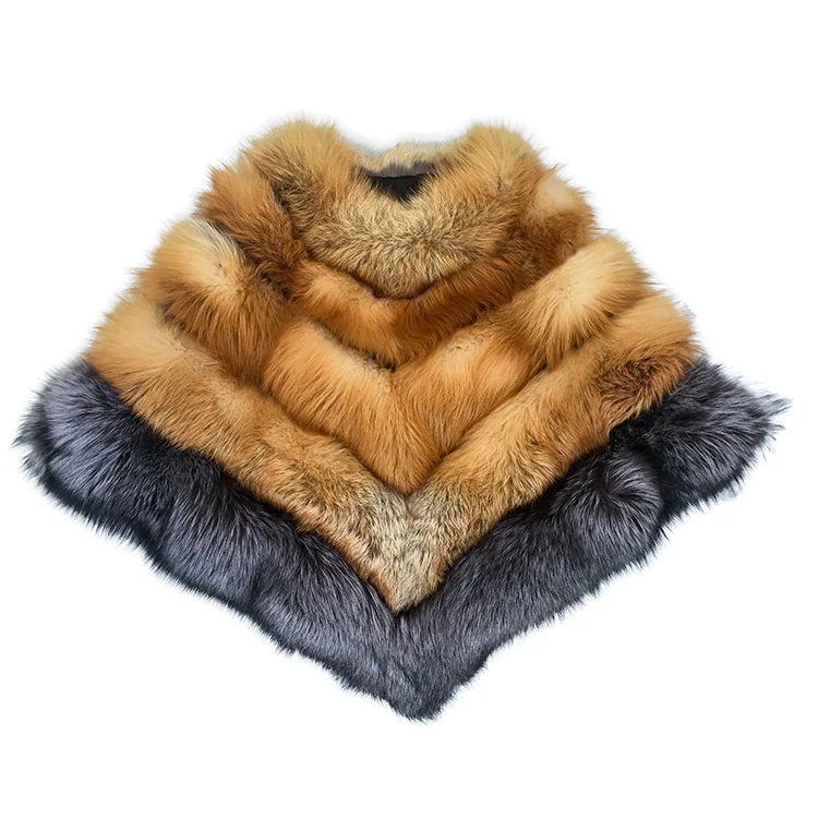 

MLHXFUR Red Fox Fur Poncho Cape Wrap Silver Fox Fur Shawl Jacket Cloak Overcoat Fur Striped Patchwork Ponchos Wraps Shawls