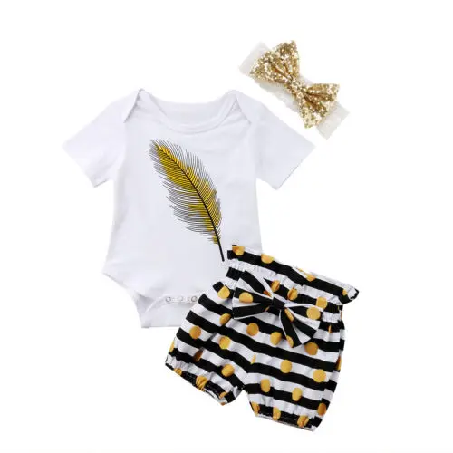 

3PCS Newborn Baby Girls Feather Tops Romper +Shorts +Headband Outfits Set Clothes