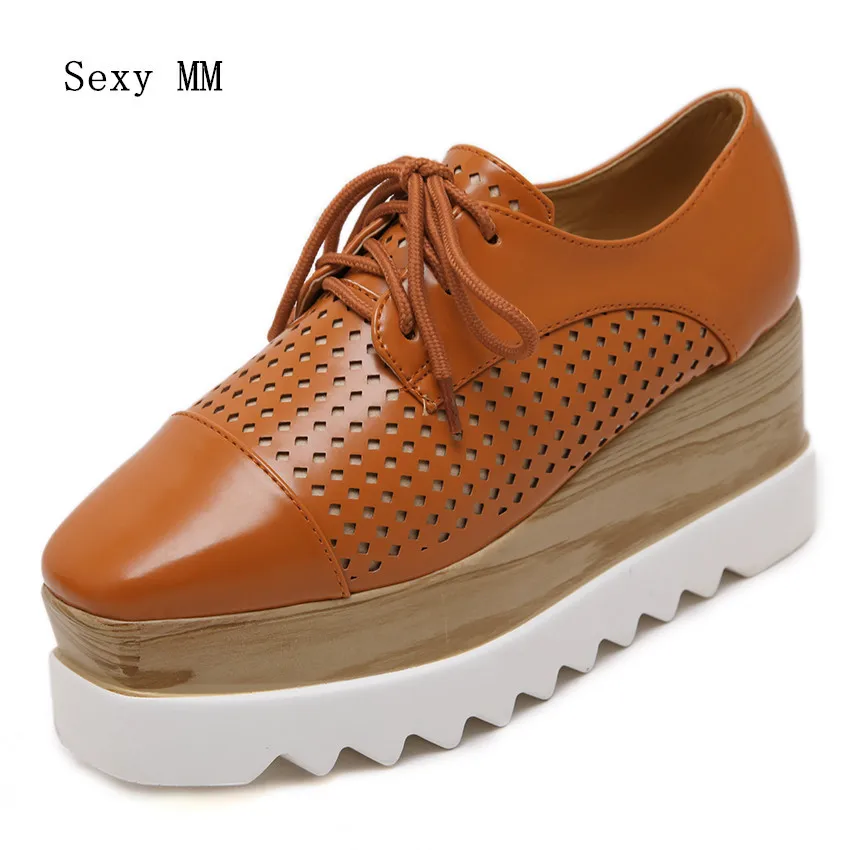 

High Quality Platform Oxfords Women Shoes Wedges Flats Lace Up Vintage Luxury Platform Wedge Casual Flat Shoes Orange Silver