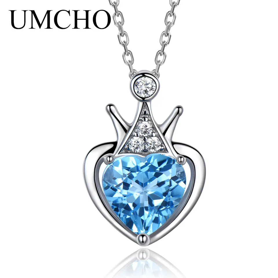 

UMCHO 2.25ct Natural Blue Topaz Gemstone Pendants For Women Solid 925 Sterling Silver Heart Jewelry Wedding Valentine's Day Gift