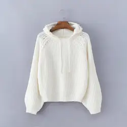 2018 осень-зима Для женщин на шнуровке свитер с капюшоном Костюмы модные белые свободные жемчужный пуловеры женский джемпер вязаные свитера