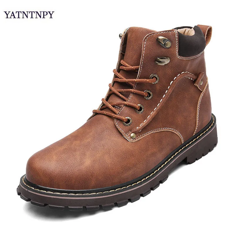 

YATNTNPY Genuine Leath Autumn Winter Men Boots with fur Vintage Style Men Shoes Casual Fashion High-Cut Lace-up Warm shoes
