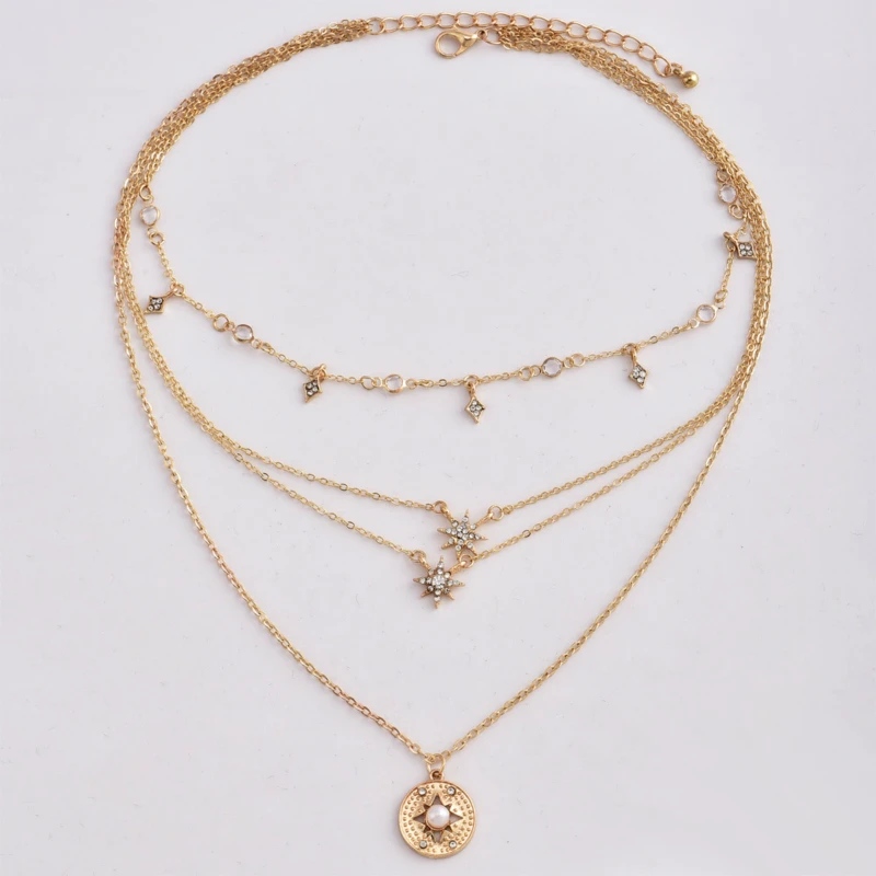 Новое модное женское ожерелье с кристаллами, простое многослойное ожерелье со звездами и звездами, ювелирные изделия,, золотое ожерелье