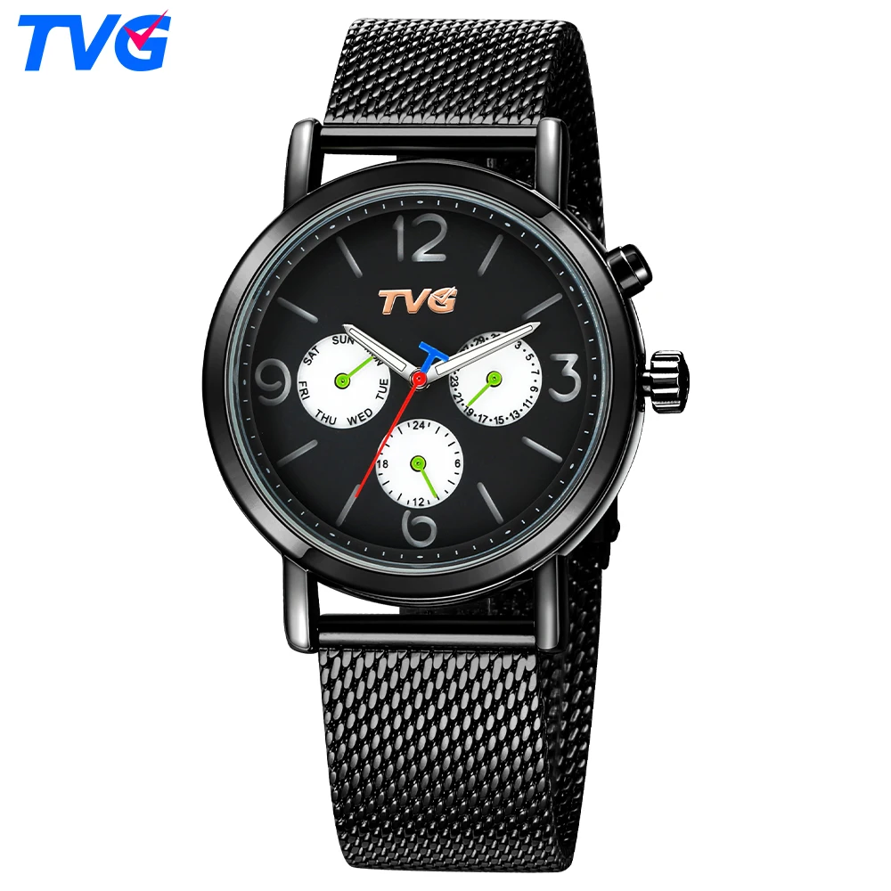 

2018 TVG Fashion Simple Mens Watches Top Brand Luxury Black Quartz Watch Men Waterproof Stainless Steel Sports Clock Wristwatch