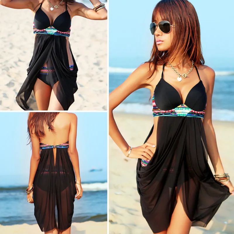 2017 Hot Net Yarn Skirt Push Up Bikinis Women Vintage Swimsuits Black