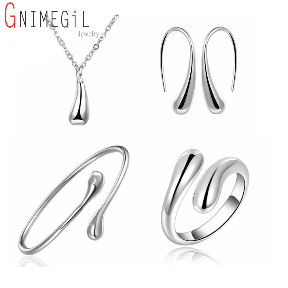 GNIMEGIL 925 серебряные свадебные украшения комплект украшения с каплями воды наборы кольцо + Цепочки и ожерелья браслет + серьги Для женщин серебро 925 штампованная драгоценность - изображение