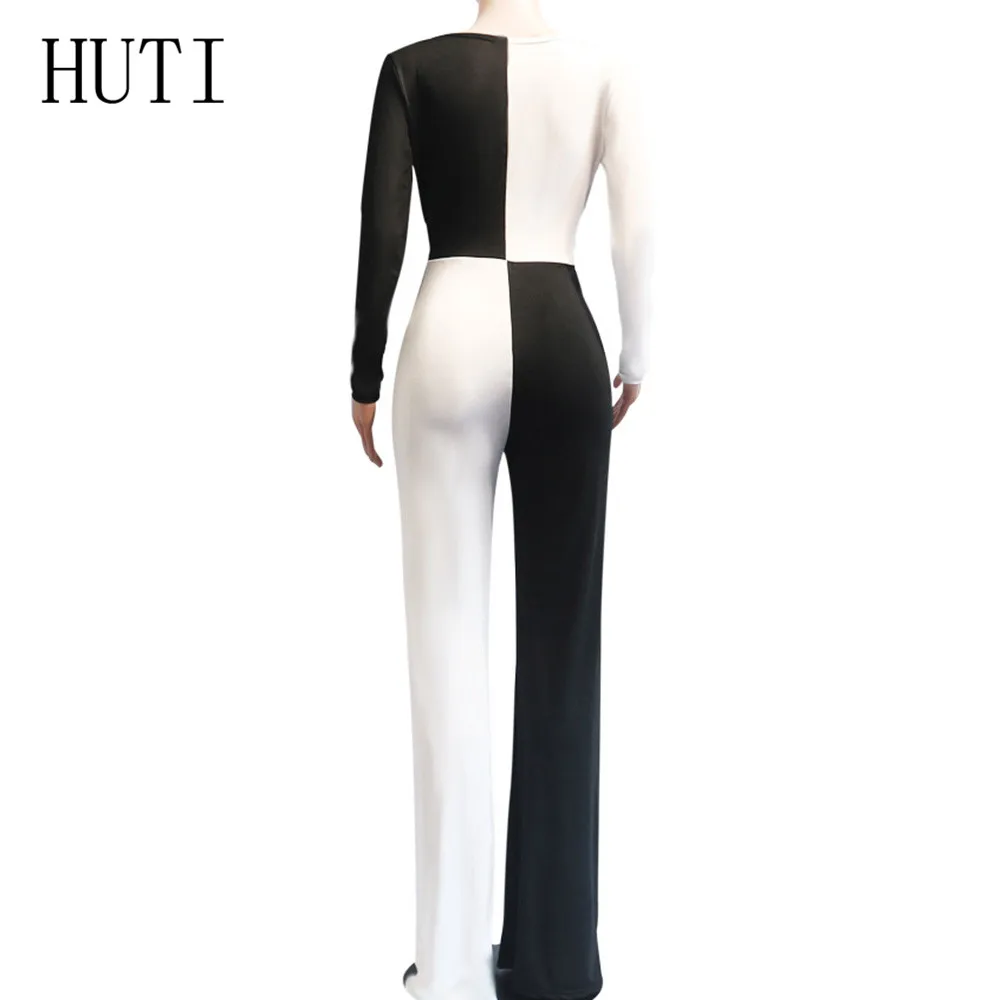 HUTI Black White Patchwork Jumpsuits Sexy Deep V Neck Long Sleeve Autumn Loose Playsuits Women Combinaison Femme Plus Size XXL HUTI Black White Patchwork Jumpsuits Sexy Deep V Neck Long Sleeve Autumn Loose Playsuits Women Combinaison Femme Plus Size XXL