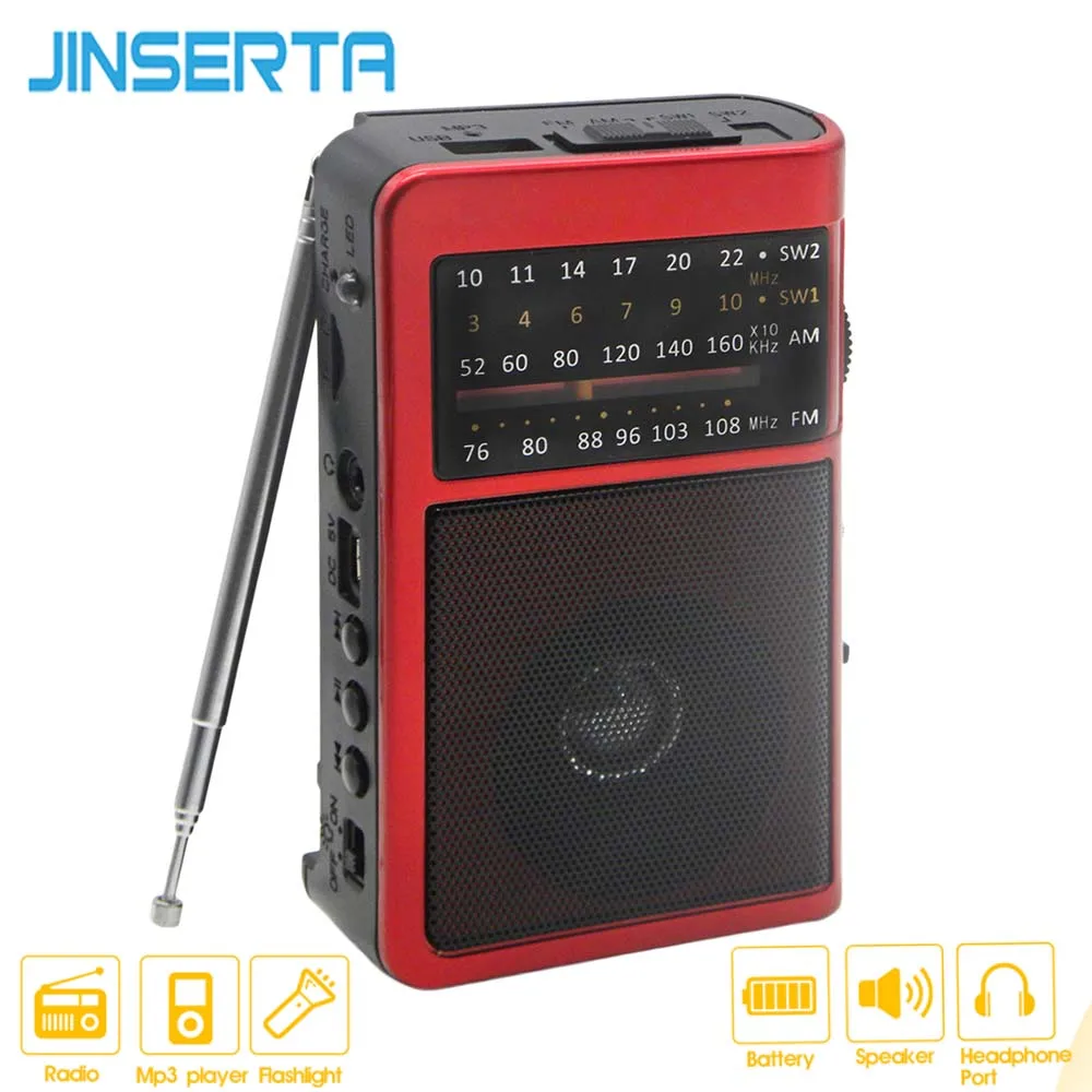 

JINSERTA FM/AM/SW World Band Receiver Portable Radio Stereo Sound Mp3 Music Player with Flashlight Support U disk/TF card Play