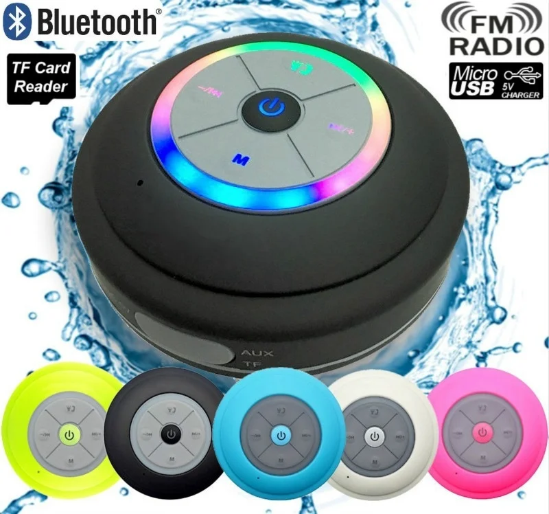 

Water Resistant Bluetooth LED Shower Speaker FM Radio TF Card Reader Control Buttons Speakerphone Powerful Suction Cup outdoor
