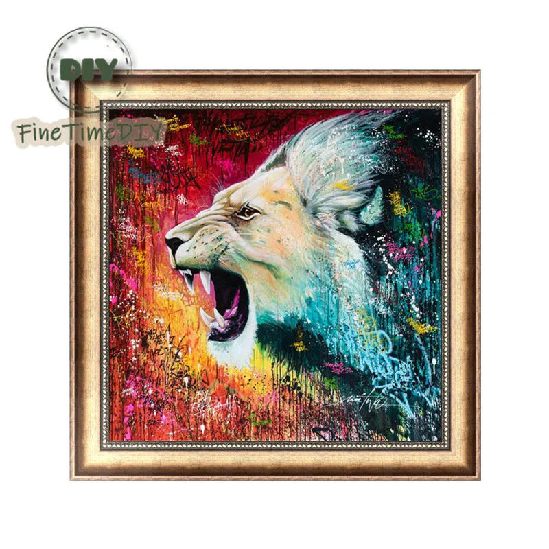 Fine time 5D Diy Diamond Cross Embroidery Set Animal Lion Mosaic Pattern Home Decor Resin Drill Gift | Дом и сад