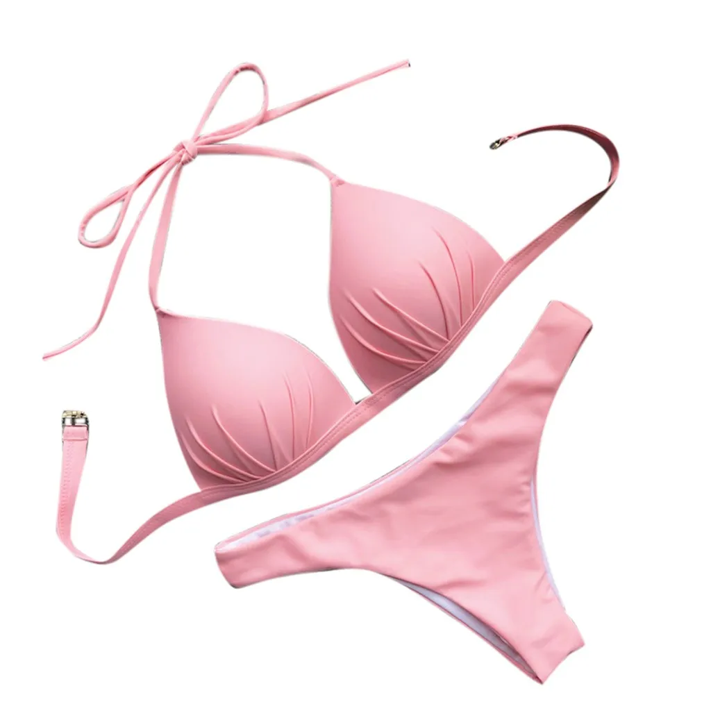 

Women's Bikini Solid Color Sexy Pleated Chest Pad Set Swimsuit Two Piece bandage Filled Bra Swimwear Brief Brazilian Style #YL5