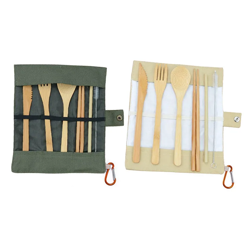 Portable Bamboo Dinnerware Sets Travel Eco-friendly Fork Spoon Straw Set With Carrying Case Hiking Camping #4A03 (3)