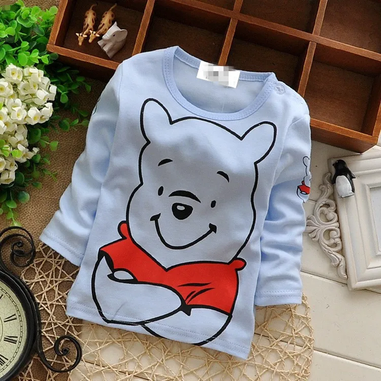 Baby Toddler Kids Cotton Lovely Character Print Boys Girls T-shirt Button on Shoulder O-neck Pink Tops G043