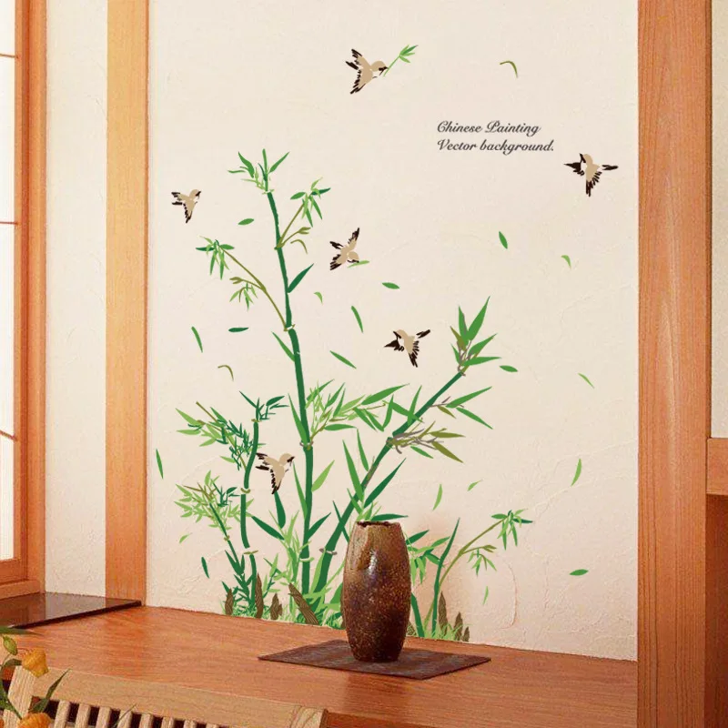 

Fresh green bamboo flying birds wall stickers classical bedroom living room corner bathroom decoration decal love home garden