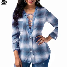 Весна Новая женская футболка сексуальная глубокий Бандаж с v-образным вырезом клетчатая рубашка с длинными рукавами женская футболка