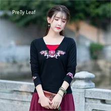 Осенняя новая вышитая имитация двух частей тонкая хлопковая футболка с длинными рукавами