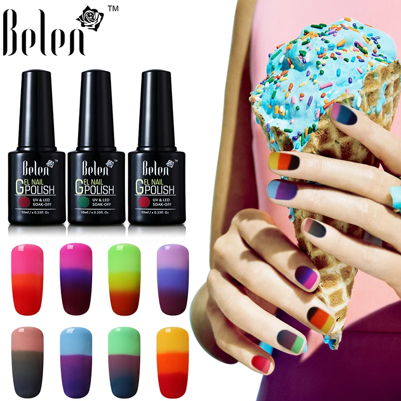 

Belen 10ml 3 in 1 Temperature Change Colorful Nail Gel Long-lasting Soak Off UV LED Varnish Thermal Color Change UV Gel Base Top