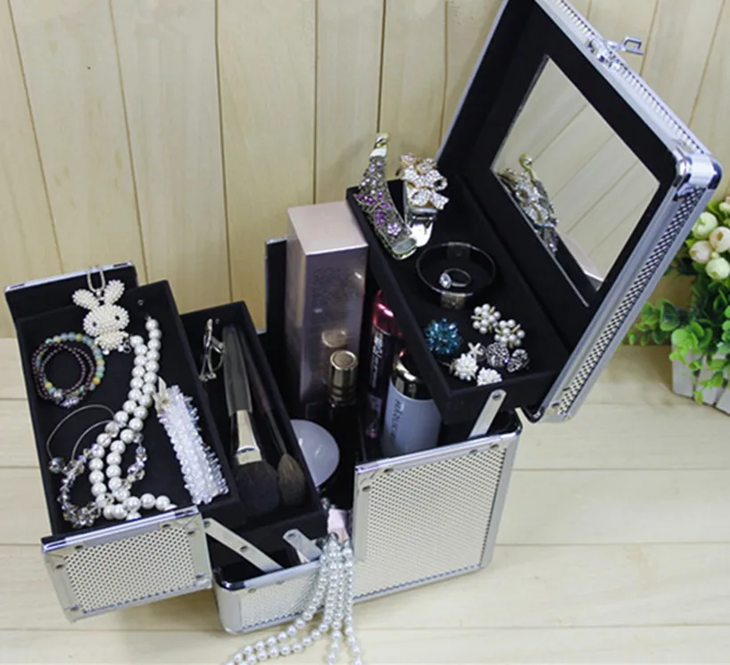 Большого размера алюминиевый сплав 3 слоя Профессиональный костюм Чехол косметический чехол, ювелирные изделия, коробка для хранения косметики; подарок на свадьбу; подарок на день рождения; дорожная сумка