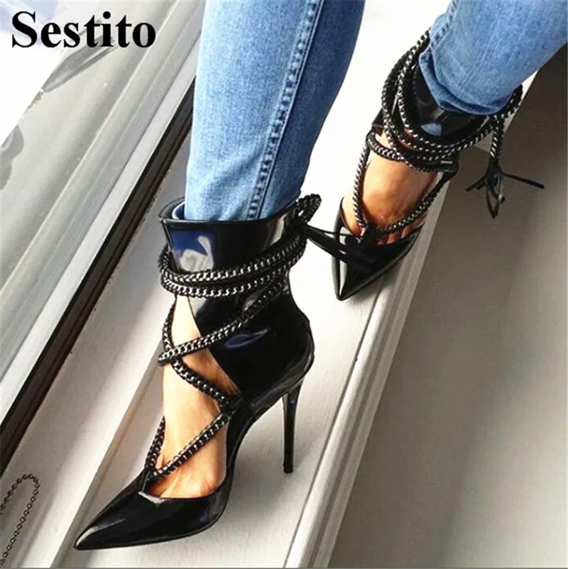 

2018 Women Sexy Pointed Toe Chain Cross-tied High Heels Pumps Heels Woman Thin Heels Zip Spring/Autumn Black Dress Ladies Shoes