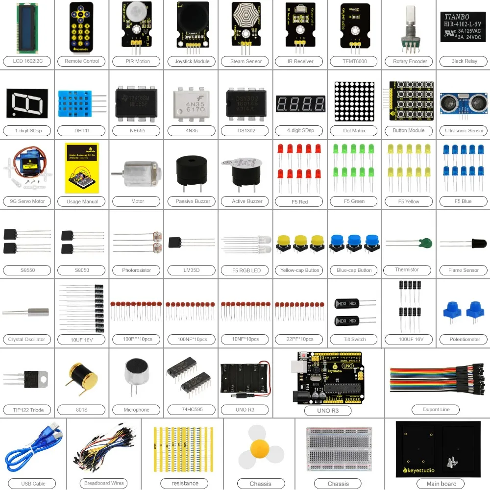 Keyestudio Maker Learning kit/Starter kit(UNOR3) для проекта Arduino W/Подарочная коробка+ Руководство пользователя+ 1602LCD+ шасси+ PDF(oline