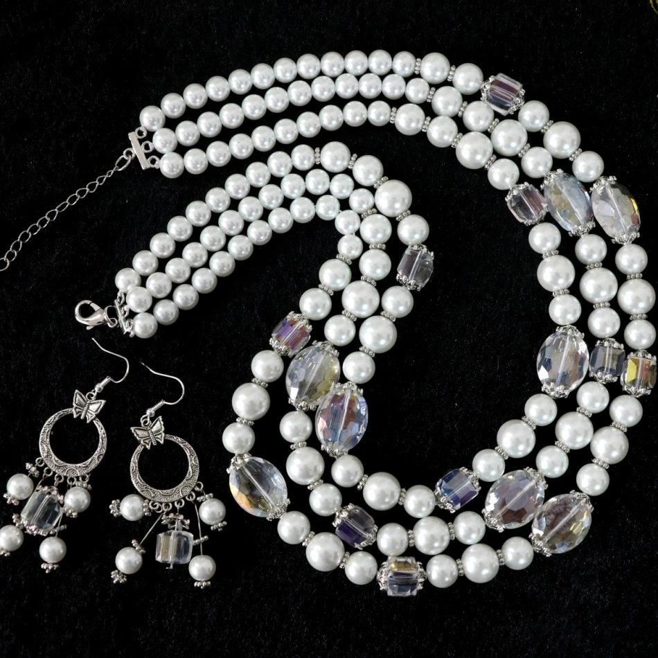 White simulated-pearl shell square oval crystal beads 3rows necklace earrings for women high grade jewelry set 18-22inch B1007