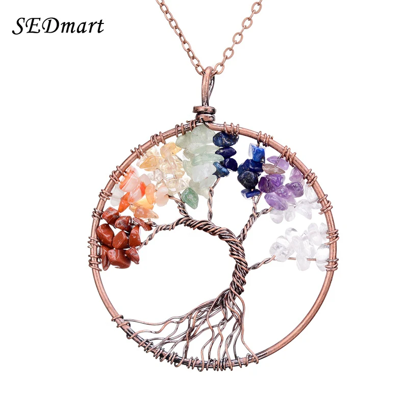 SEDmart 7 Chakra Tree Of Life Pendant Necklace Copper Crystal Natural