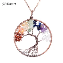 SEDmart 7 Chakra Tree Of Life Pendant Necklace Copper Rose Quartz Turquoise Crystal Natural Stone Necklace Women Christmas Gift