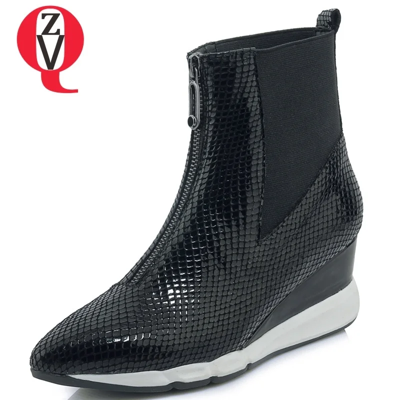 

ZVQ high quality new fashion concise sheepskin high wedges platform front zip pointed toe black and silver outside ankle boots
