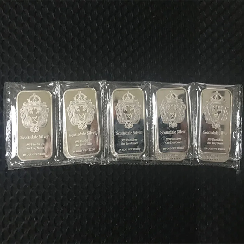 50 pcs Non magnetic Scottsdale silver bullion bar 1 OZ silver plated ingot badge 50 mm x 28 mm Vacuum packing 5 pcs a row bars