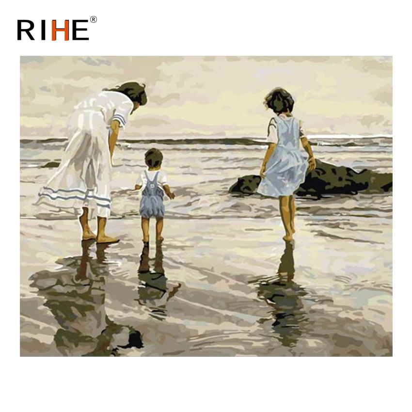 

RIHE Beach Family Oil Painting By Numbers Sea Cuadros Decoracion Acrylic Paint On Canvas Modern Wall Pictures For Living Room