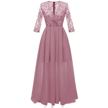 

Sexy Exhumations Pink Chiffon Lace Dress Women Spring High Waist 3 /4 Cover Dress Elegant Christmas Maxi Long Dress Vestidos