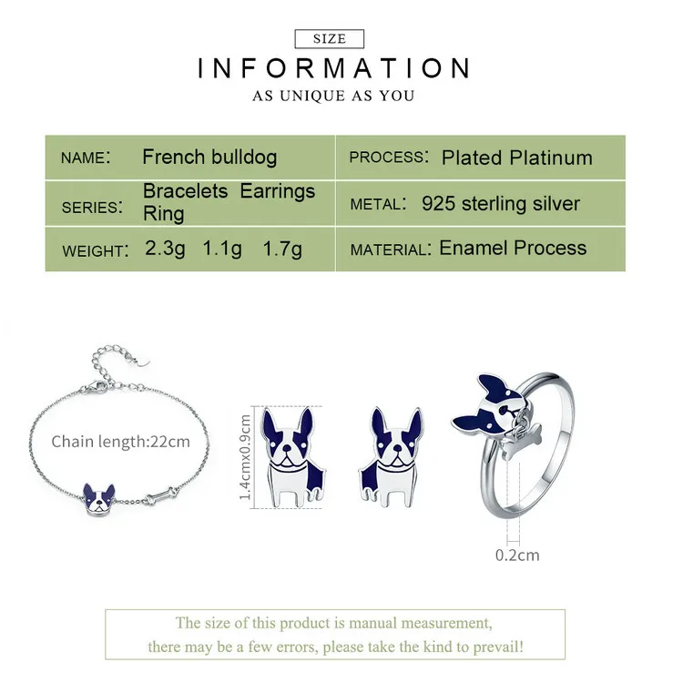 BAMOER, натуральная 925 пробы, серебро, французский бульдог, собачка, кольцо и браслет и серьги, ювелирный набор, серебряное ювелирное изделие, подарок ZHS054