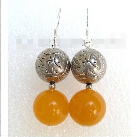 

classic 14MM yellow jade &silver ball earrings 925s b0994 18K GP style Fine jewe Noble Natural jade fast SHIPPING